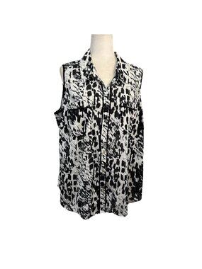 Elementz Button Down Geometric Black White Sleeveless Blouse  Size 2X